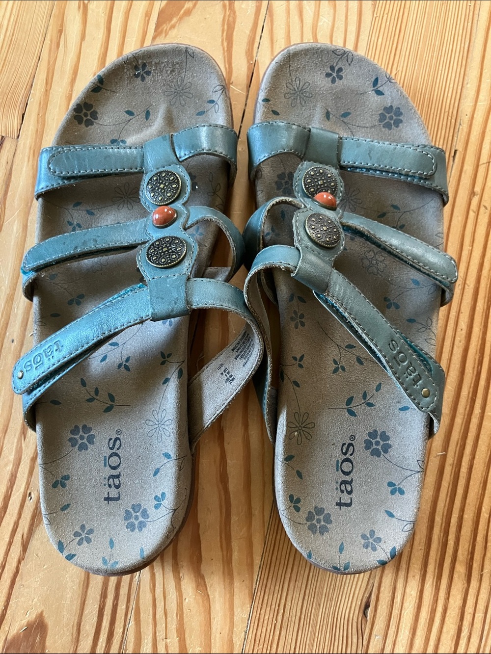 Taos Footwear Teal Blue Strappy Floral Footbed Sandals